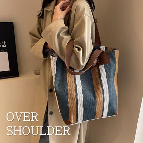 Hflzbro Borsa Da Lavoro Grande Da Donna – Borsa A Tracolla In Tela Per Ufficio E Uso Quotidiano, Borsa A Spalla Con Ampio Spazio Di Archiviazione, Marrone/Blu - 3