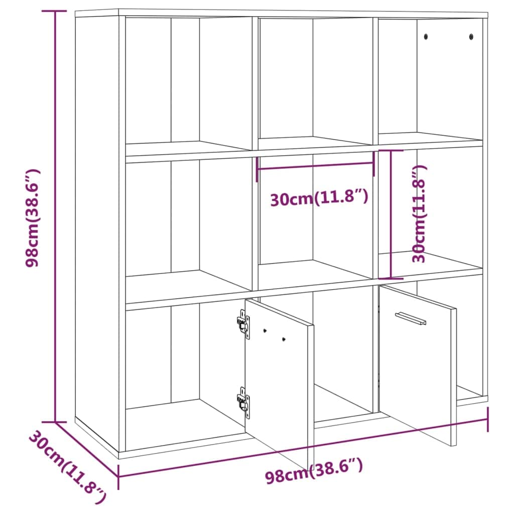 Mangloder Armoire à Livres Sonoma Gris 98x30x98 cm Meuble de Rangement avec 7 Compartiments Portes pour Salon Bureau Chambre et entrée