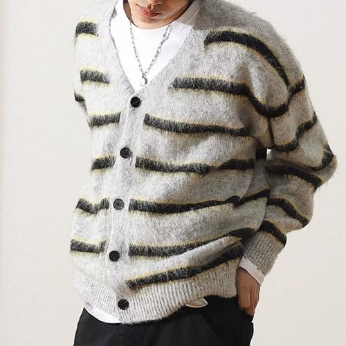 Men's Vintage Stripe Print Cardigan Sweater Long Sleeve V Neck Streetwear Sweater Knit Loose Fit Casual Sweaters2