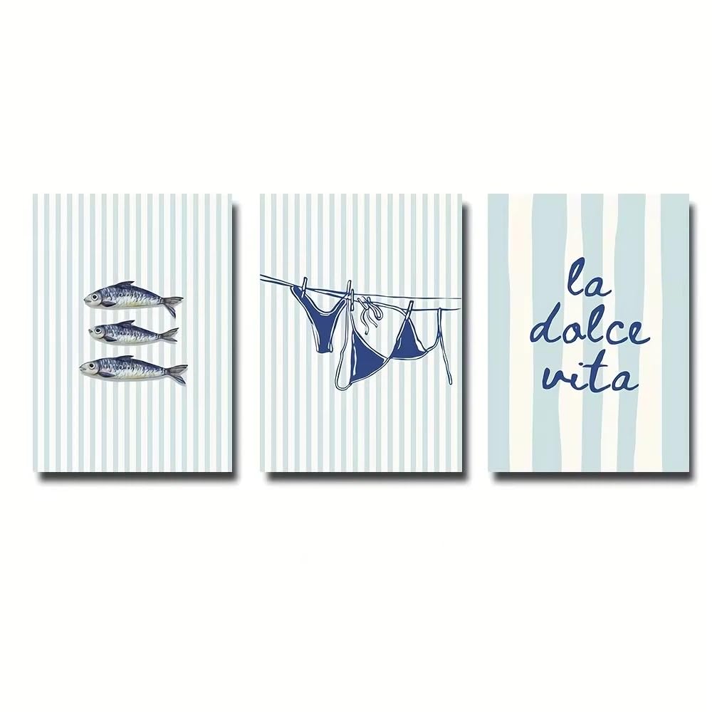XIANGPEIFBH 3pcs La Dolce Vita Sardines Bikini Blue Stripe Canvas Print Poster Modern Coastal Decor Summer Wall Art Home Poster((90x130cm/35x51in) x3/Unframed)