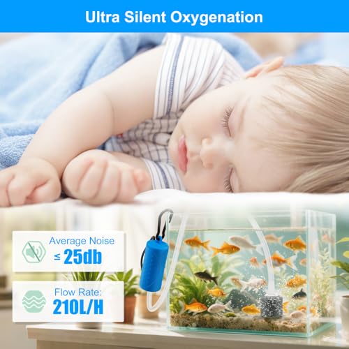 Image of DaToo USB Mini Aquarium Air Pump Ultra Quiet Fish Tank Air Pump with Black Hanging Clasp Portable Aquarium Oxygen Aerator Pump Includes Fish Tank Airline Tubing and Air Stone(1W /2W /3W)