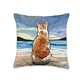 Orange and White Tabby Cat on the Beach Ocean Art by Aja Throw Pillow
