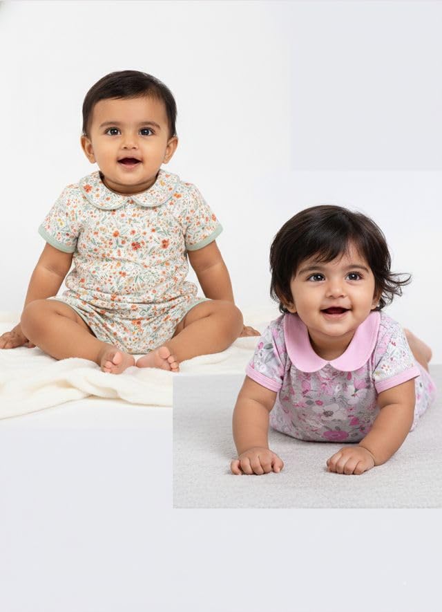 Image of Baby Girls 100% Cotton Printed Half Sleeve T-shirt & Short Summer Clothing Sets (Pack Of 2)