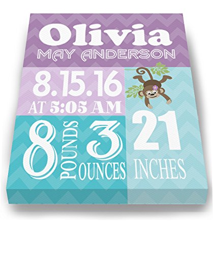 Personalized Stretched Canvas Birth Announcement Gift, Custom Baby Name, Date, Weight Stats, Newborn Nursery Monkey Wall Art Decor, Wooden Frame Construction, Ready to Hang 20X24