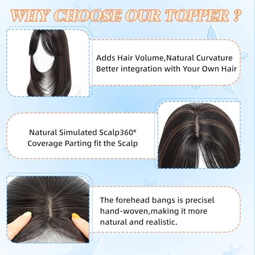 Image of Synthetic Hair Topper with Bangs 18 Inch Layered Toppers for Women with Thinning Hair 5.5 inch x 5 inch hand Tied Forehead Hairline 360 3D Cover Wispy Synthetic Toppers Hair for Women Fiber Wiglets
