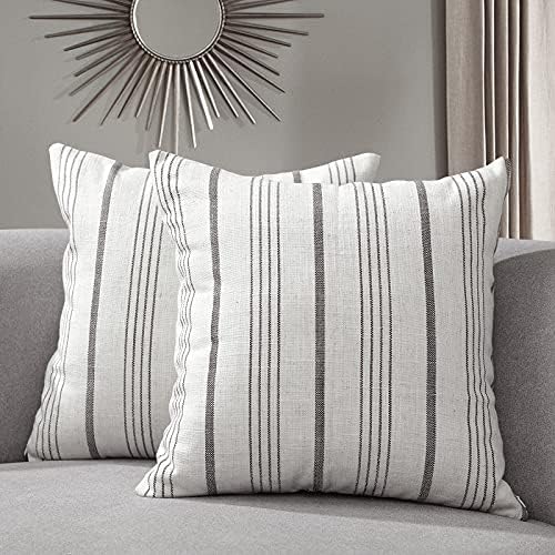 Sunlit Decorative Farmhouse Throw Pillow Case, Set of 2 Cream/Off-White with Charcoal Stripes Modern Accent Square Pillow Cover, 18" x 18", Textured Linen Throw Cushion Covers for Couch Chair Bedroom