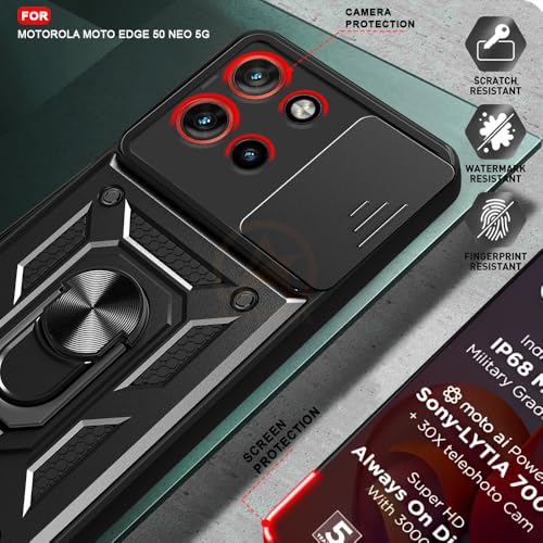 Image of Armor Bumper Back Cover Case for Motorola Moto Edge 50 Neo 5G | Rotating Camera Cover, Ring Holder & Kickstand | Heavy Duty & 360 Degree Protection Back Cover (Black)