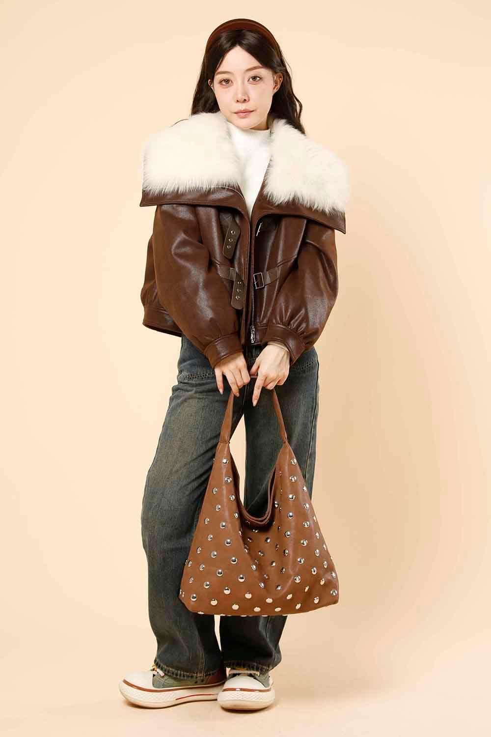 Studded Hobo Purse for Women, Leather Tote Bag Rivet Studded Shoulder Bag Punk Handbag - Image 2