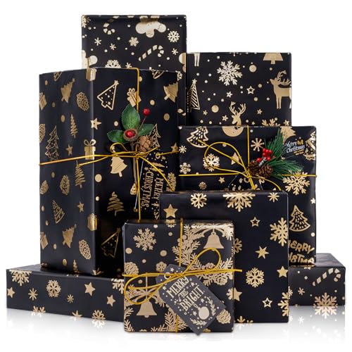 Larcenciel Papel Regalo Navidad Metálico Brillante, 6 Hojas Papel de Regalo Negro y Dorado + Etiqueta + Pegatina + Cordón Elástico Dorado, Envoltorio Regalo de Lujo para Año Nuevo, Navidad, 70x50cm