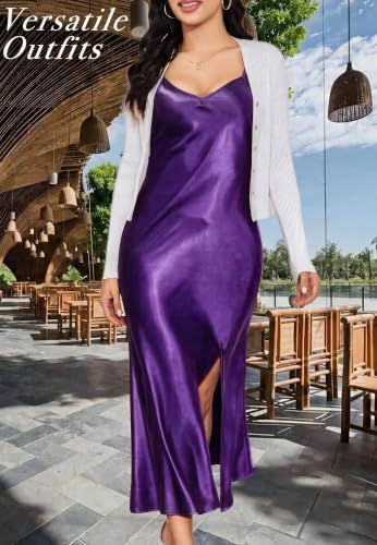Image of ALCEA ROSEA Women's Long Satin Slip Dress Nightgowns Sexy Lingerie Adjustable Strap Midi Dress Silky Gown V Neck Under Dress