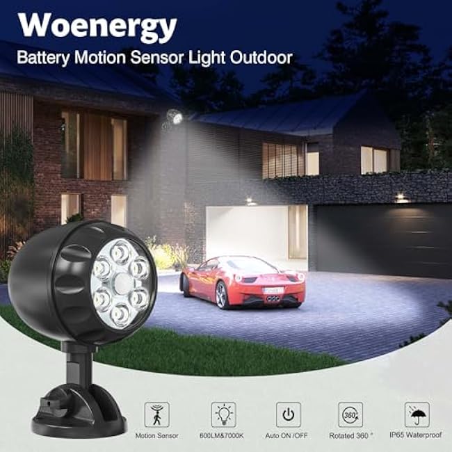 Battery Motion Sensor Light Outdoor, 600 LM Battery Operated Motion Lights Outdoor 6 LEDs 400sqft, 6000K Auto On Off 360¡« Adjustable Battery Flood Lights Outdoor Waterproof, 2 Pack, Black
