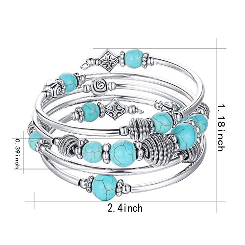 PEARL&CLUB Beaded Chakra Bangle Turquoise Bracelet - Fashion Jewelry Wrap Bracelet with Thick Silver Metal and Mala Beads, Birthday Gifts For Women(Turquoise)