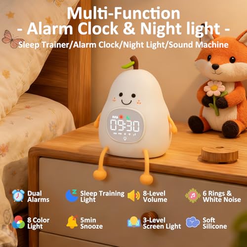 Image of Pear Alarm Clock with Night Light for Kids with Sleep Training Light and White Noise, Rechargeable Silicone Lamp OK to Wake Clock,Cute Tabletop Clock, Perfect Sleep Companion for Boys Girls