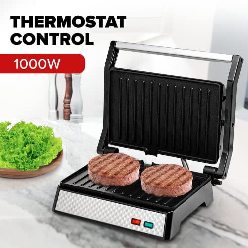 Ovente Electric Indoor Panini Press Grill And Sandwich Maker With Non-Stick Coated Plates, Opens 180 Degrees To Fit Any Type Or Size Food, Temperature Control And Removable Drip Tray, Silver Gp0620Br #TOP1