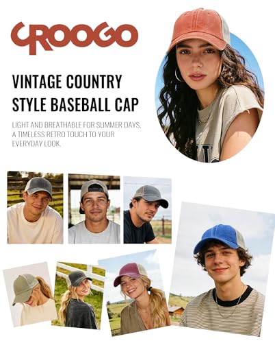 Image of Croogo Men's Adjustable Mesh Back Cap Curved Bill Snapback Mesh Baseball Cap Retro Washed Trucker Cap Breathable Sun Hat