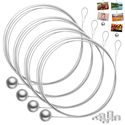 4 cuerdas de alambre fotográfico con 48 imanes, cable fotográfico con imanes, cuerda magnética para fotos, cuerda de fotos para colgar, imanes de botones, cuerda de alambre ajustable para colgar fotos
