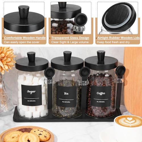 Image of Suclain 3 Pcs Glass Coffee Container Set, 25 oz, Black Bamboo | Coffee Tea Sugar Canister Set, Airtight Jar Food Storage with Wood Spoon Tray Labels, Kitchen Counter Bar Organization