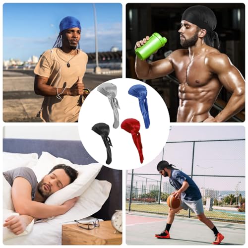 Image of Durag and Head Scarf for Man, 4-Piece Hip-Hop Style Headwear Set for Men and Women, Suitable for Wave Hairstyle Maintenance and Outdoor Activities, Includes Royal Blue, Black, Red and Grey Colors