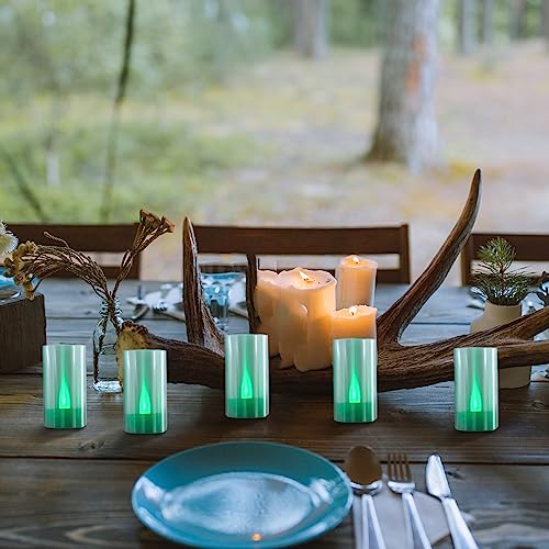 Image of Lanker Flameless Candles, Battery Operated LED Pillar D1.5 x H3 inch, Flickering Green Long Flame-Effect Light, Romantic Electronic Fake Votive Candles for Halloween, Set of 12 (Green)