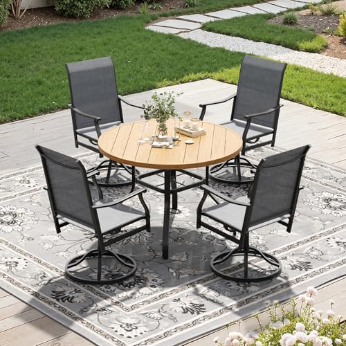 Image of Soohow 5-Piece Outdoor Dining Set, Round Patio Dining Table and Chairs Set, 4 x Swivel Patio Chairs and 41 inch Round Outdoor Dining Table with 1.57 inch Umbrella Hole, Wood-Like, Poolside, Backyard, Deck