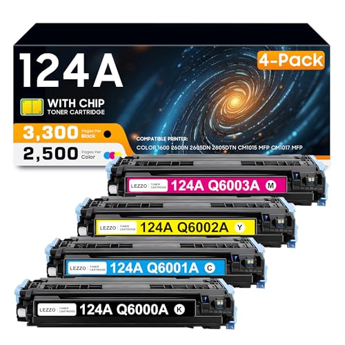 124A Toner Cartridge 4-Pack 124A Q6000A Q6001A Q6002A Q6003A Toner Replacement for HP 124A Toner for Color 1600 2600n 2605dn 2605dtn CM1015 MFP CM1017 MFP Printer (Black Cyan Magenta Yellow)