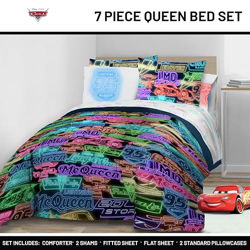 Image of Disney Pixar Cars McQueen Queen Comforter Set 7 Piece Kids Bedding, Black