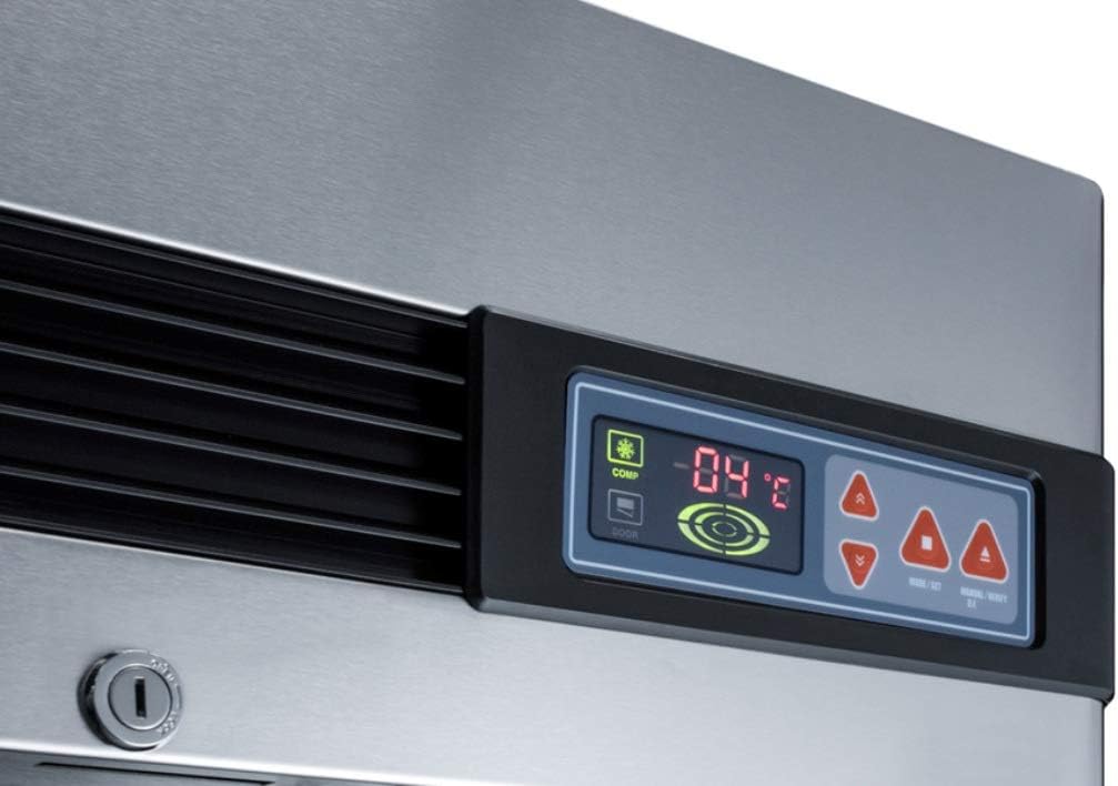 Close-up of the digital thermostat display and key lock on the Summit Appliance ARS49ML refrigerator.