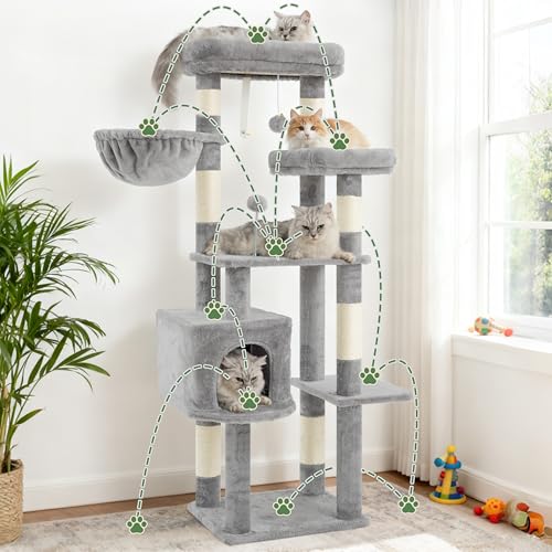 Image of Gitelsnour 55.1'' Cat Tree Tower for Indoor Cats, Large Platform, CCT013W | 7 Sisal Scratching Posts, Multi-level Cat Condo Cat Cave, 2 Padded Perches, Basket, Furry Ball, Toy, Light Gray