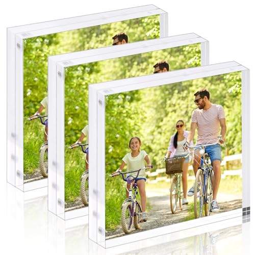 Fixwal 4x4 Acrylic Picture Frame 3 Pack Thick Clear Double-Sided Magnetic Frames Frameless Photo Frames for Desktop Tabletop Display