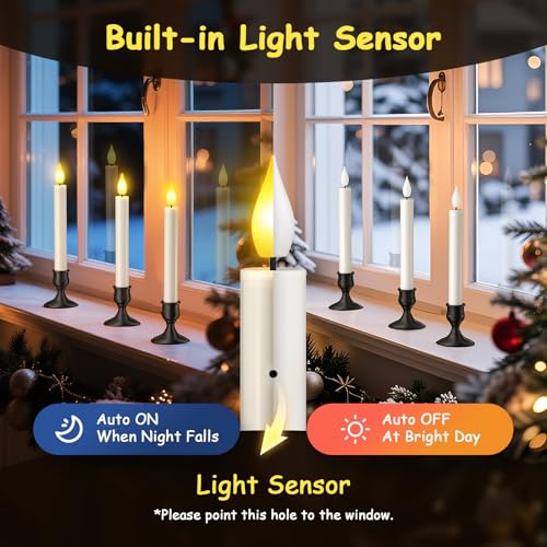 Image of Yme 10 PCS Flameless Taper Candles with Dusk to Dawn Sensor, 7.2 inch Window Candles Battery Operated with Holders, LED Candle Sticks Christmas Window Lights for Christmas Halloween Holiday Home Decor