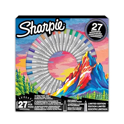 SHARPIE Rotuladores Permanentes Set de Regalo | Rotuladores de Colores Punta Fina y Ultrafina | Colores Surtidos | Incluye 2 Páginas para Colorear | 27 Rotuladores