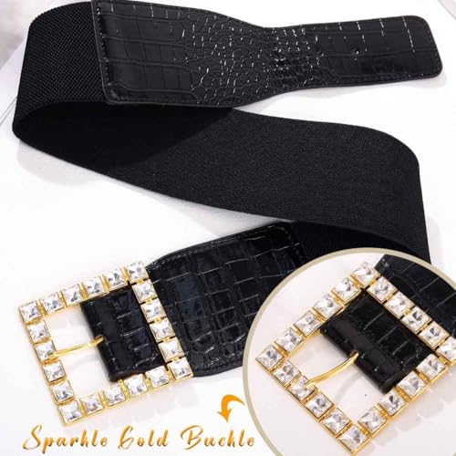 Women Elastic Wide Belt for Dresses Rhinestone Square Buckle Stretchy Waist Belt Vintage Stretchy Cinch Waistband3