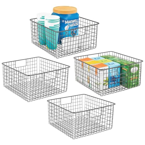 mDesign Metal Wire Food Storage Basket Organizer with Handles for Organizing Kitchen Cabinets, Pantry Shelf, Bathroom, Laundry Room, Closets, Garage - Concerto Collection - 4 Pack - Graphite Gray