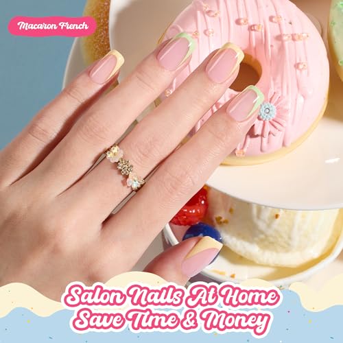 Image of Beetles French Tips Press On Nails Short Square Pastel 6 Colors 192Pcs | Short square Colored French tip fake nails in 6 colors with 192 pcs and 16 sizes for easy DIY manicures.
