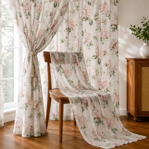 Image of THE LINEN COMPANY Cotton Linen Sheer Long Door Drapes, Lightweight Transparent Curtain with Rod Pocket, Soft Light Filter Privacy Panel for Home Decor, Flower Heaven Green, 8 Feet, Pack of 1