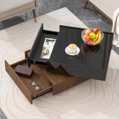 Coffee Table for Living Room, Square 360° Rotating Coffee Table for Living Room with Swivel Tabletop & 2 Drawers, High Gloss 2-Tier Square Center Table, 23.6"x 23.6" (Black & Walnut)
