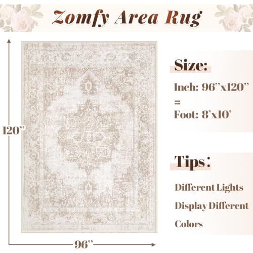 Image of Area Rug 8x10 Vintage Rug: Large Washable Indoor Medallion Rugs Low Pile Distressed Floor Carpet Retro Accent Rug for Living Room Bedroom Kitchen Dining Table Home Office(Beige, 8'x10')