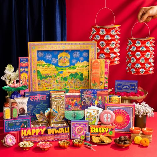 Image of Phool 17 Item Swarna Ramayana Frame Diwali Gift Box | Premium Festive Gift Hamper with Silver Lakshmi Charan Ceramic Diyas, Candle Lanterns, Sweets, & Diwali Essentials Hamper for corporate and festive gifting