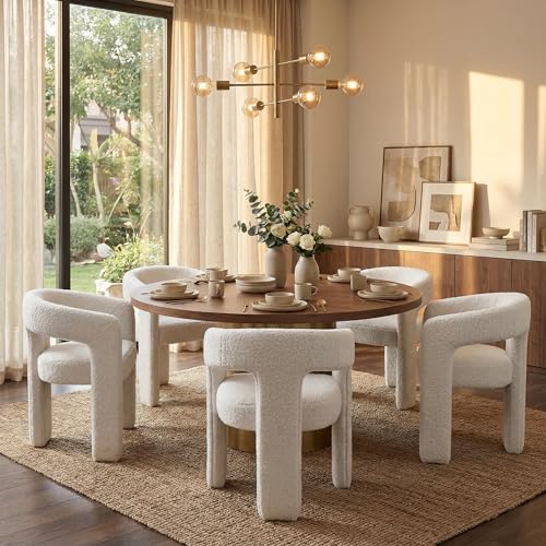 Image of HNY Modern Barrel Kitchen & Dining Room Chairs Set of 6, Sherpa Upholstered Accent Chairs with Arm, 18.5'' Wide Side Armchairs Vanity Chairs for Living Room Bedroom Makeup Small Spaces, White