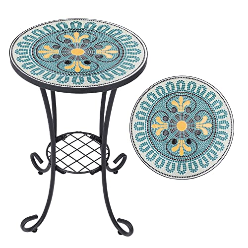 Vipush Mosaic Outdoor Side Table, 14" Round Folding End Table, Patio Accent Table Indoor Plant Stand For Living Room,Geramic Table Top Black Iron,Green #TOP23