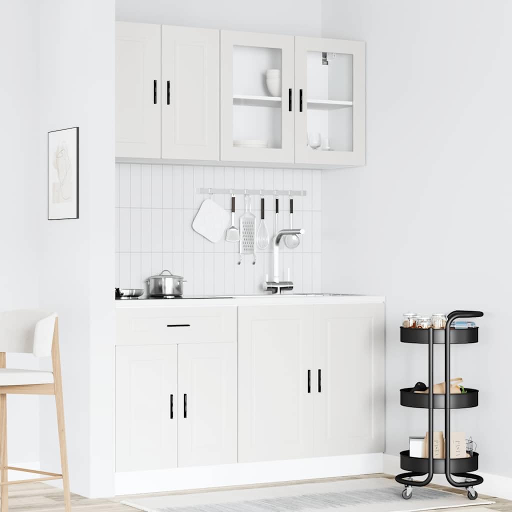 Mobile da cucina Porto bianco, set di 4 mobili da cucina moderni in legno, mobili da cucina compatti per riporre oggetti, include mobiletto sottolavello e pensili con anta in vetro