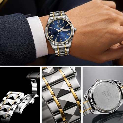Image of Men's Analog Quartz Watch with Blue Dial, Two Tone Stainless Steel Strap, Date Display, Luminous Hands and Water Resistant Design