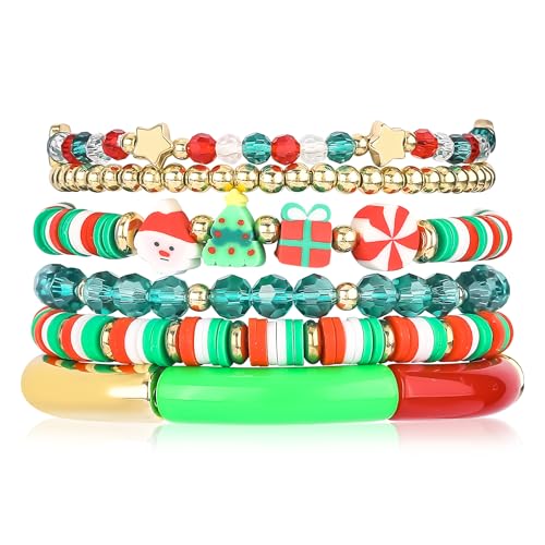 Christmas Beaded Bracelets for Women Stackable Clay Christmas Tree Santa Gift Candy Charm Star Beads Stretch Bracelets Set Acrylic Tube Elastic Friendship Bracelets Holiday Party Xmas Jewelry Gift