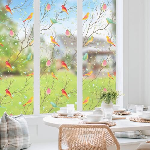Image of WOO Home Frosted Glass Window Film & Stickers (12 X 84 Inchs) Privacy Window Cover for Home & Office - Easy Apply, UV Protection, Removable Decorative Film (Multi Colour Bird 1 X 7 SQFT)