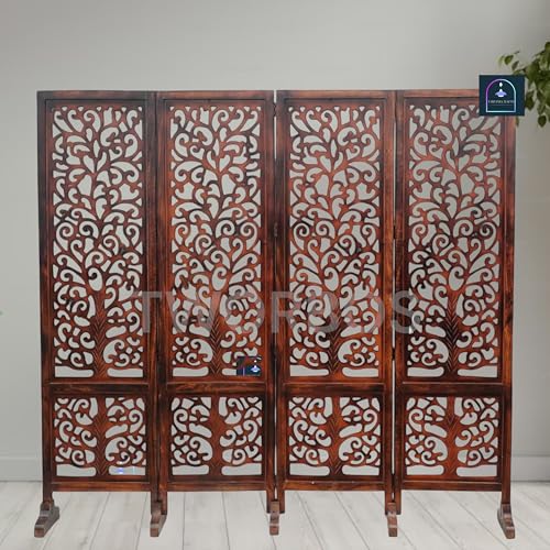 Image of Wooden Room Partition /Screen /Room Divider /Room Separator Traditional Handicrafts 6Ft (Dark Brown) (Tree 4 Panel with Stands)
