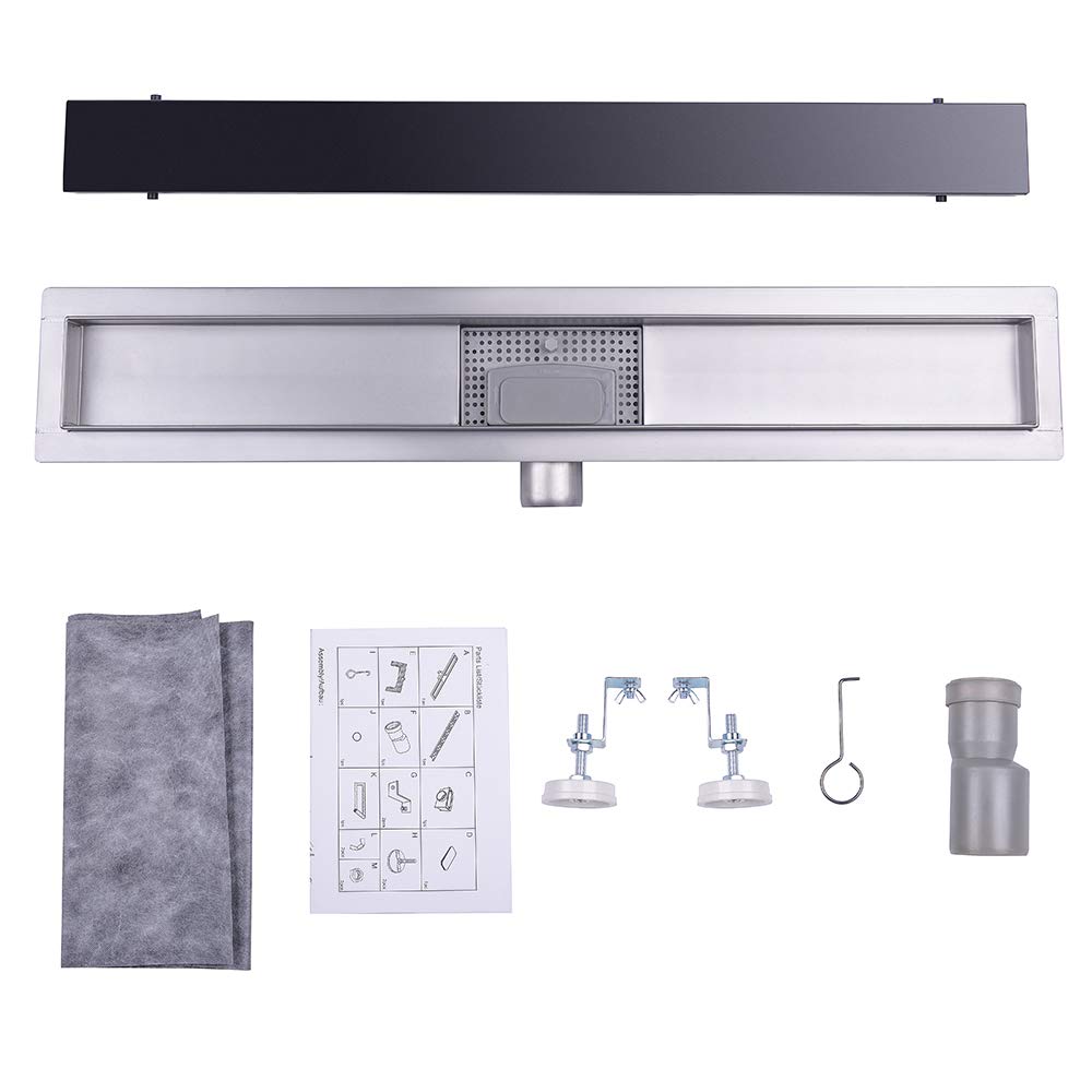 Finmrys Duschrinne 80cm Schwarz Glas,Siphon mit Geruchsstop und Haarsieb, Edelstahl Ablaufrinne, Bodenablauf, Duschablauf sehr flach, Komplettset mit Bodenbefestigung, für Badezimmer