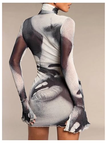 GORGLITTER Women's Color Block Mesh Bodycon Mini Dress Figure Print High Neck Slit Fall Dresses2