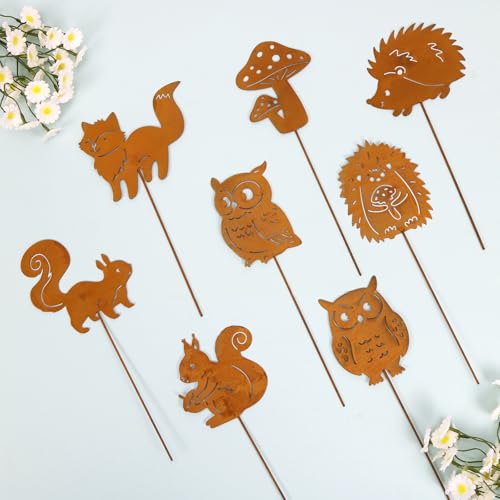 VerLuky Lot de 8 Piquets de Jardin Rouillés avec Hérisson Hibou Champignon Écureuil Renard Décoration d'automne en Métal pour Extérieur Intérieur Jardin Pot de Fleurs,Décoration Rouille Automne – vue 3
