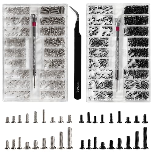 Lyeteung 1000 Pièces M1.2/M1.4/M2 Kit de Vis de Réparation Minuscule, Micro Visserie, Micro Vis de Réparation, avec Tournevis et Pince à Épiler, pour...