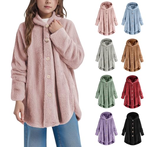 Fleece Jacket for Kids Button Down Coat Girls Sherpa Fleece Fall Winter lightweight Warm Jacket Clothes with Pocket 5-14Y